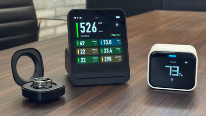 Ada Indoor Pollution Detector on a table including Cube Indoor Pollution Detector and the Rune Bionic Ring